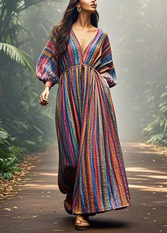 DIY Colorblock V Neck Striped Cotton Vacation Dress Spring - Image 5