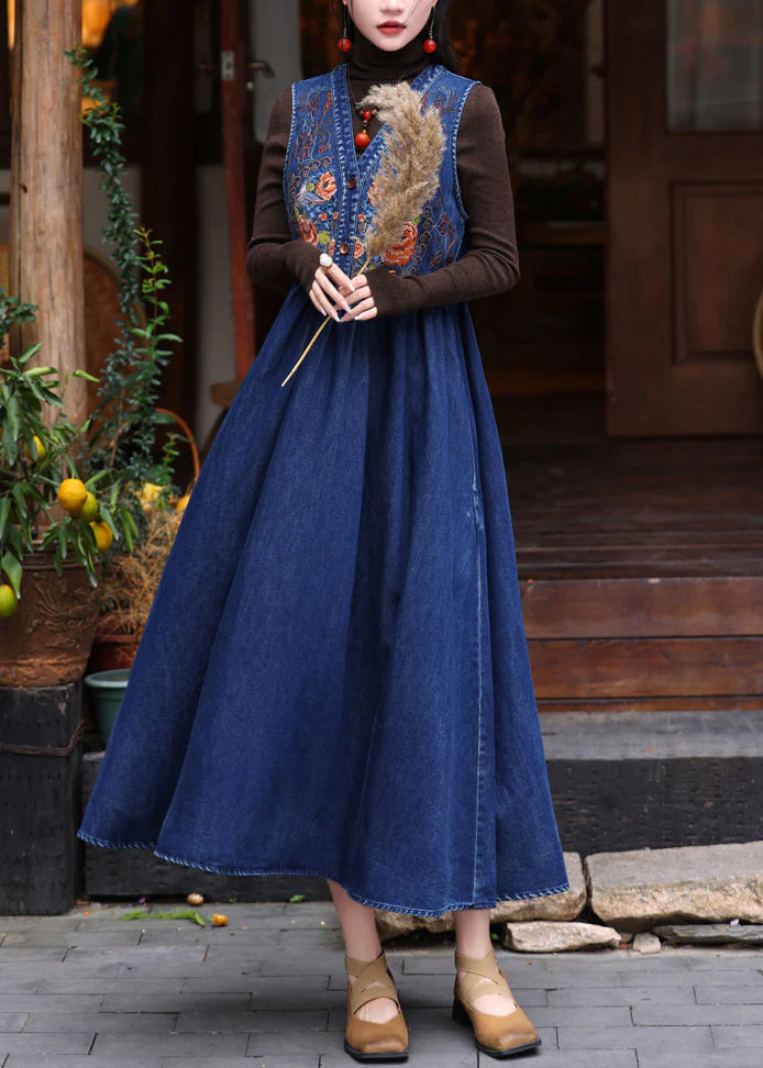 DIY Denim Blue V Neck Embroidered Patchwork Maxi Denim Vest Dress Sleeveless - Image 2