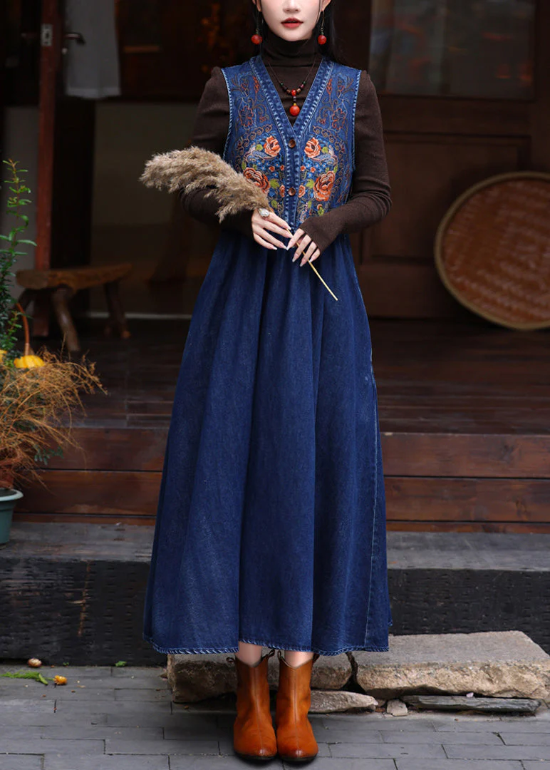 DIY Denim Blue V Neck Embroidered Patchwork Maxi Denim Vest Dress Sleeveless - Image 3