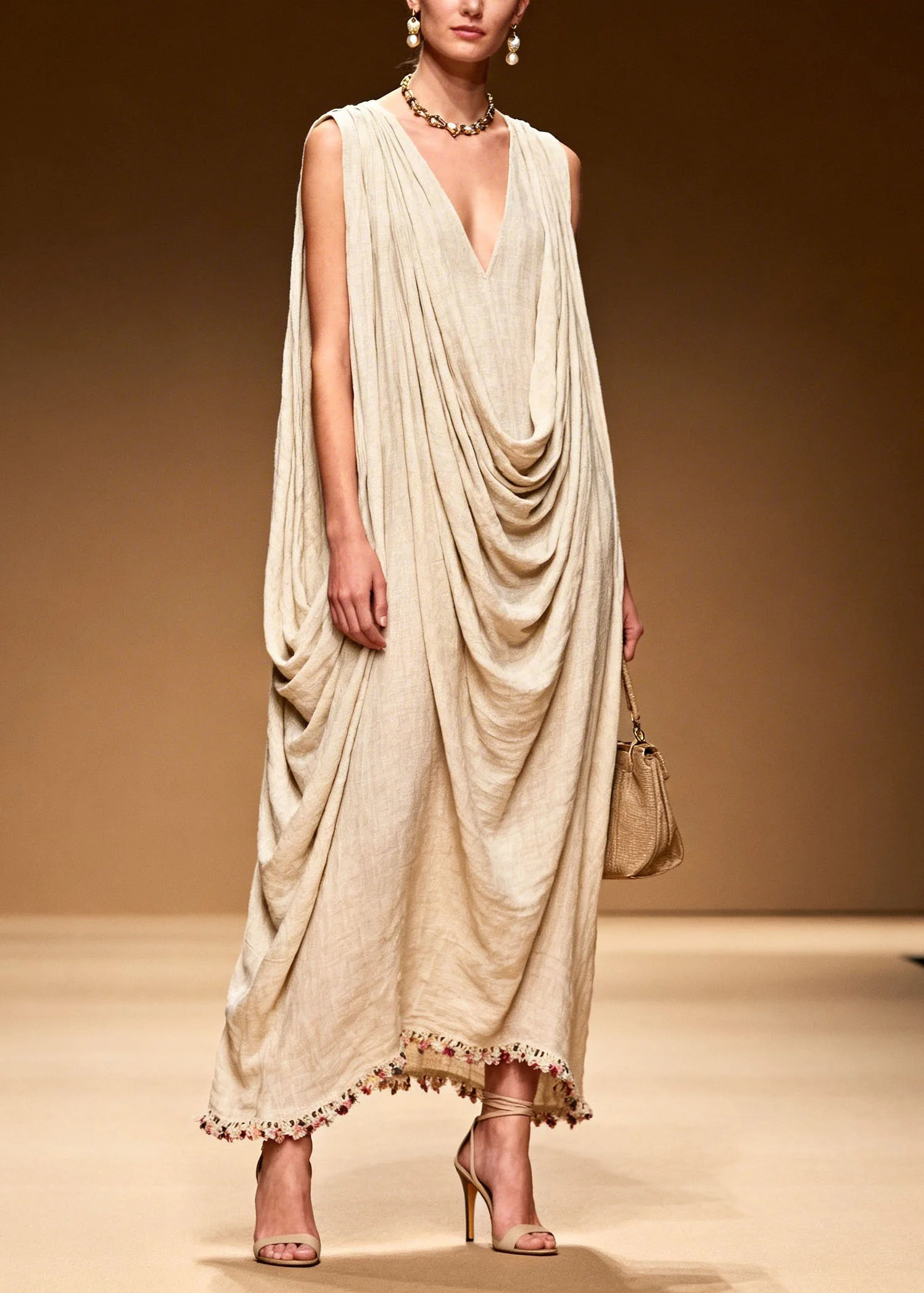 DIY Floral Patchwork Wrinkled Linen Long Dresses Sleeveless - Image 3