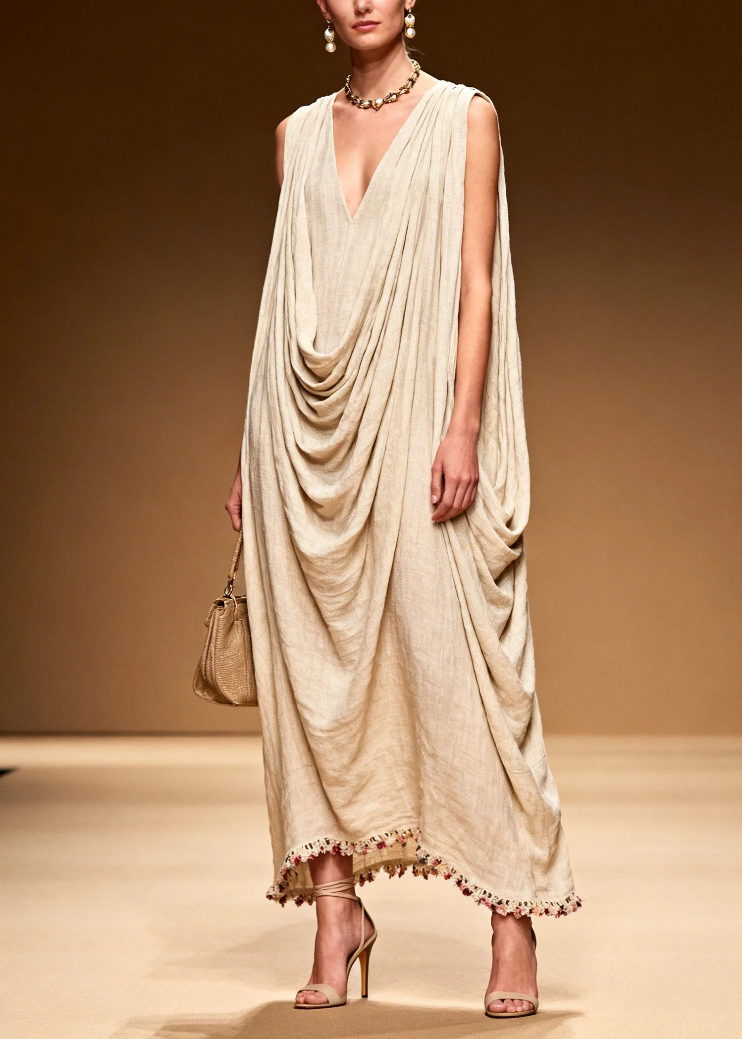 DIY Floral Patchwork Wrinkled Linen Long Dresses Sleeveless - Image 5