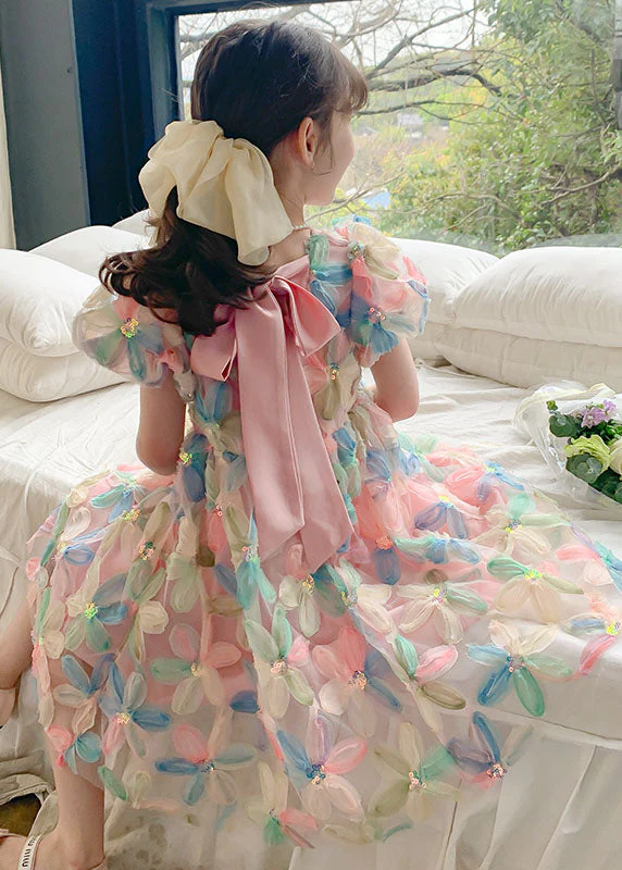 DIY Floral Wrinkled Patchwork Tulle Kids Girls Dresses Puff Sleeve - Image 2