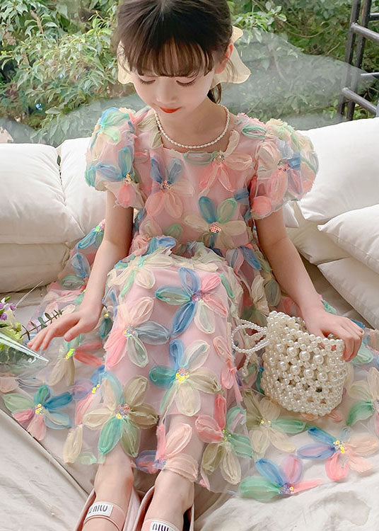 DIY Floral Wrinkled Patchwork Tulle Kids Girls Dresses Puff Sleeve - Image 3