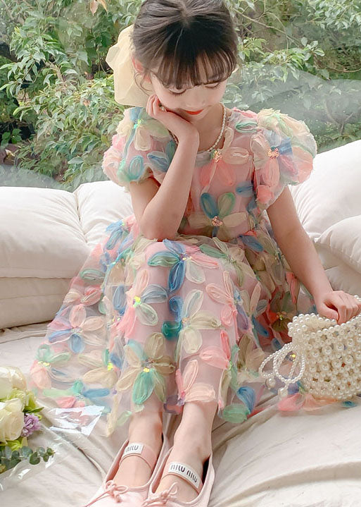 DIY Floral Wrinkled Patchwork Tulle Kids Girls Dresses Puff Sleeve - Image 4