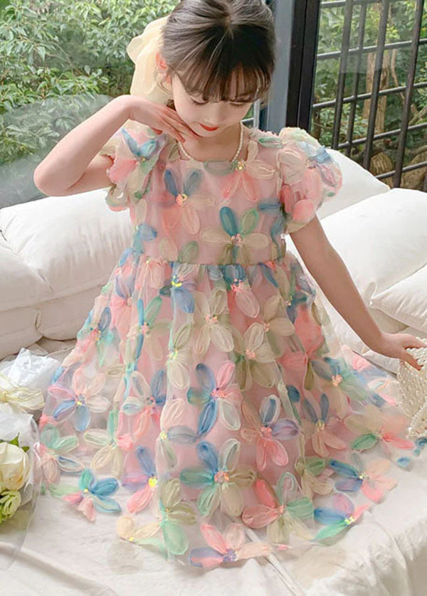 DIY Floral Wrinkled Patchwork Tulle Kids Girls Dresses Puff Sleeve - Image 5