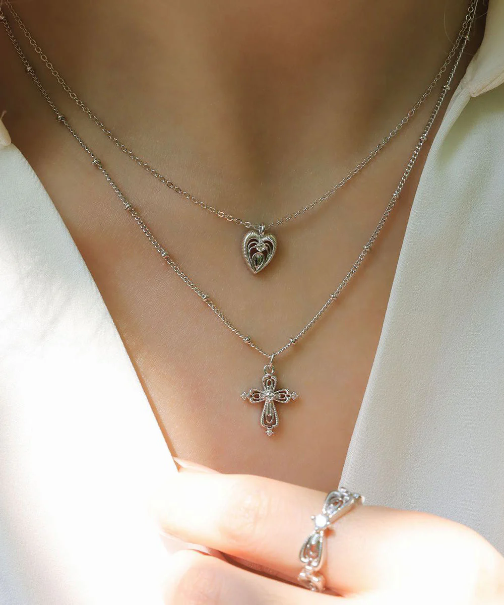DIY Gold Copper Overgild Double Layered Cross Love Pendant Necklace - Image 2