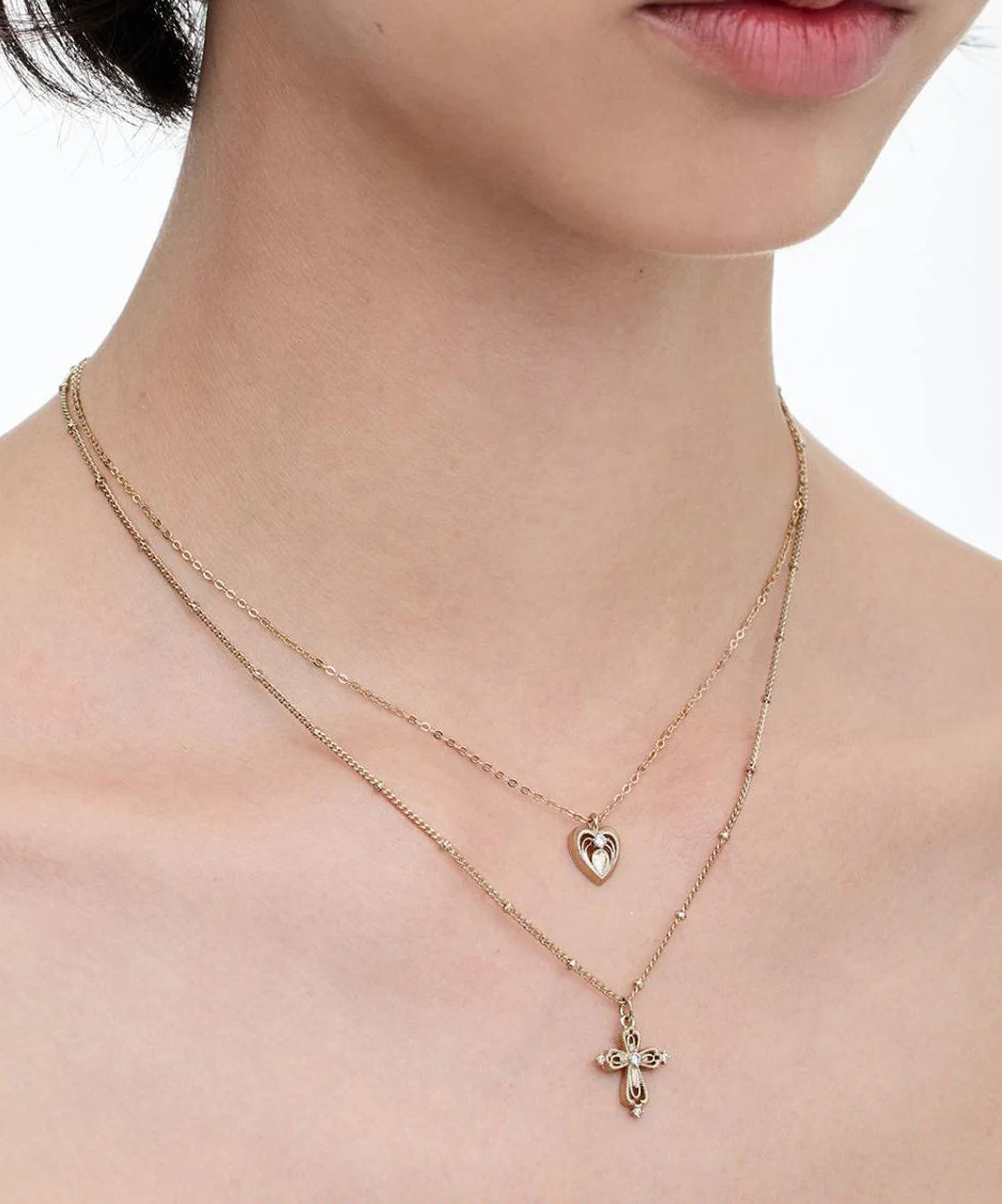 DIY Gold Copper Overgild Double Layered Cross Love Pendant Necklace - Image 4