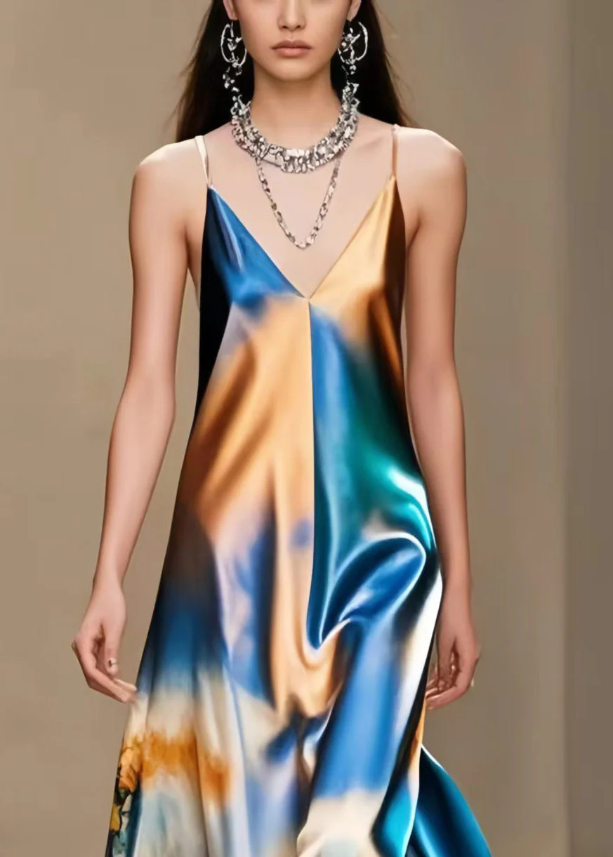 DIY Gradient Color Print Silk Spaghetti Strap Dress Summer - Image 2