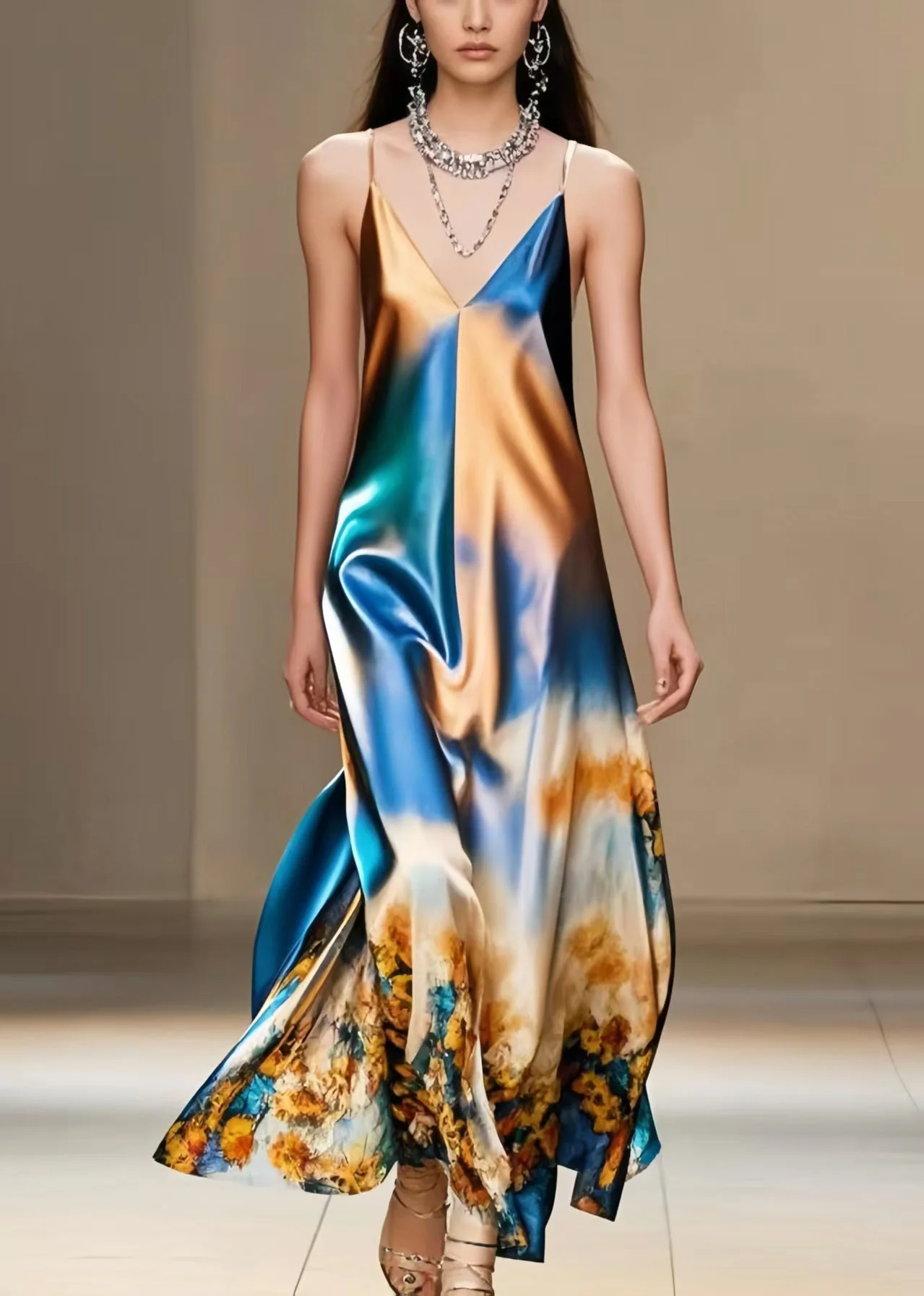 DIY Gradient Color Print Silk Spaghetti Strap Dress Summer - Image 3