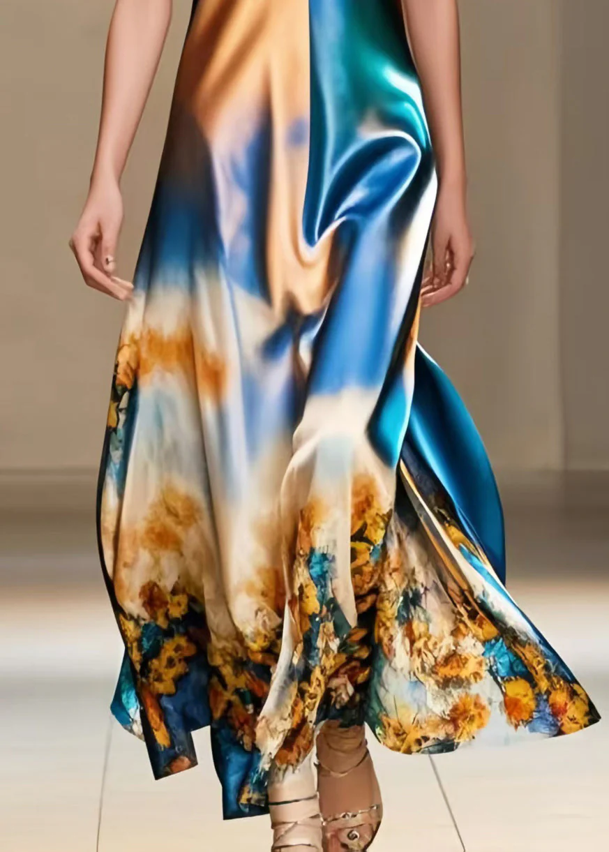 DIY Gradient Color Print Silk Spaghetti Strap Dress Summer - Image 4