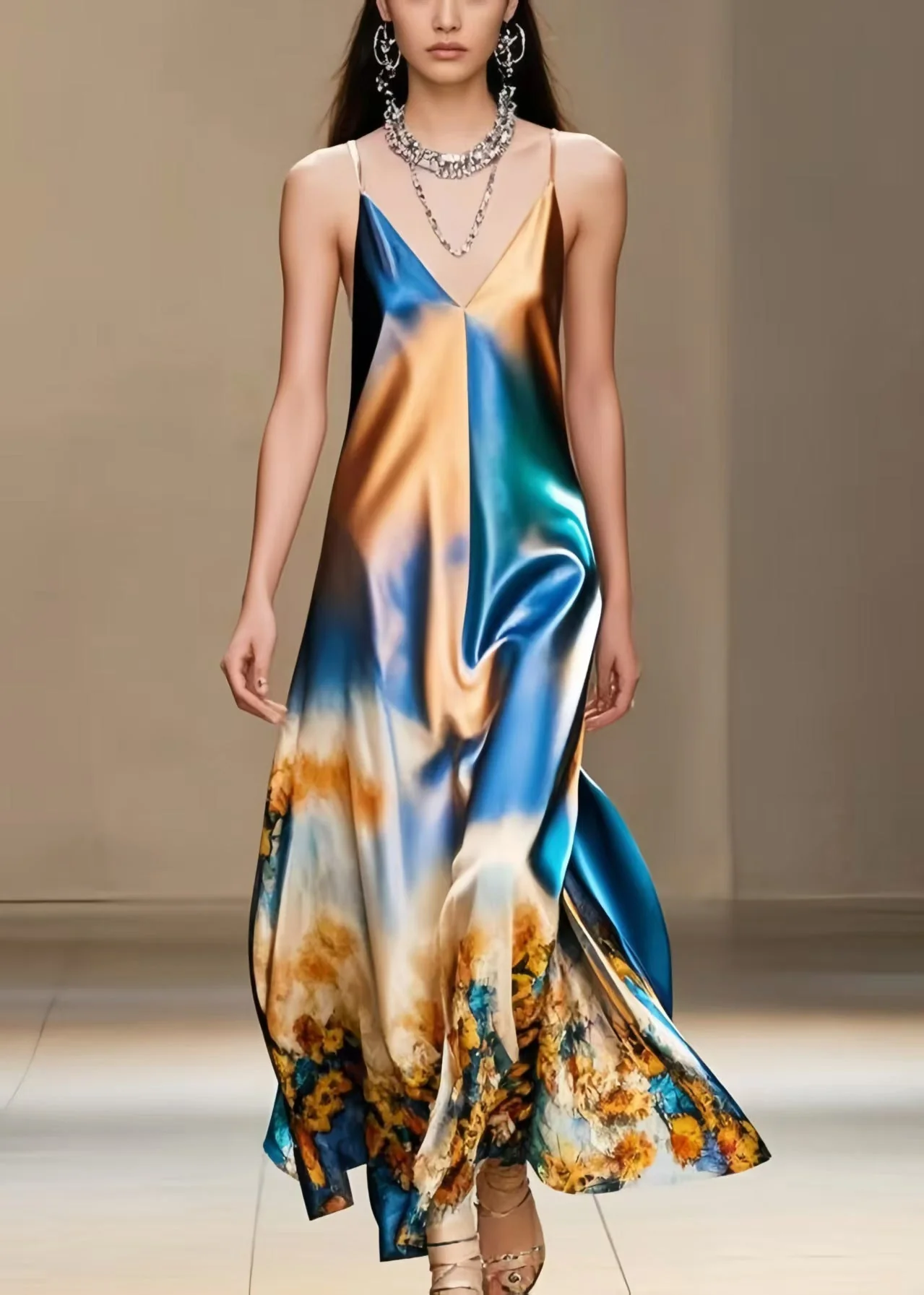 DIY Gradient Color Print Silk Spaghetti Strap Dress Summer - Image 5