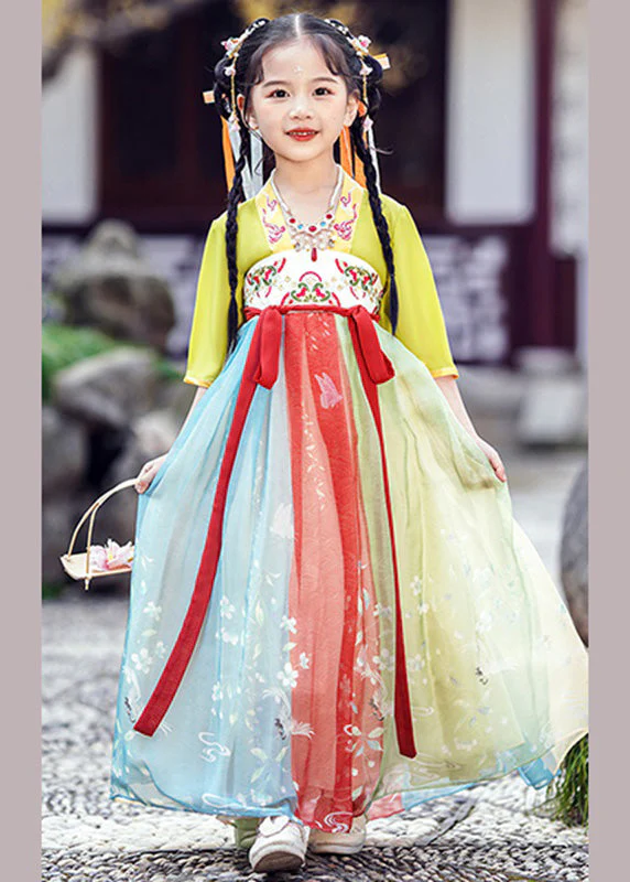 DIY Green Embroideried Patchwork Tie Waist Tulle Kids Long Dresses Short Sleeve - Image 2