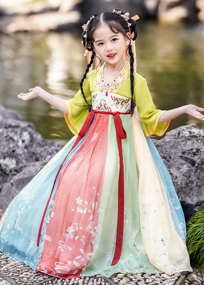 DIY Green Embroideried Patchwork Tie Waist Tulle Kids Long Dresses Short Sleeve - Image 3
