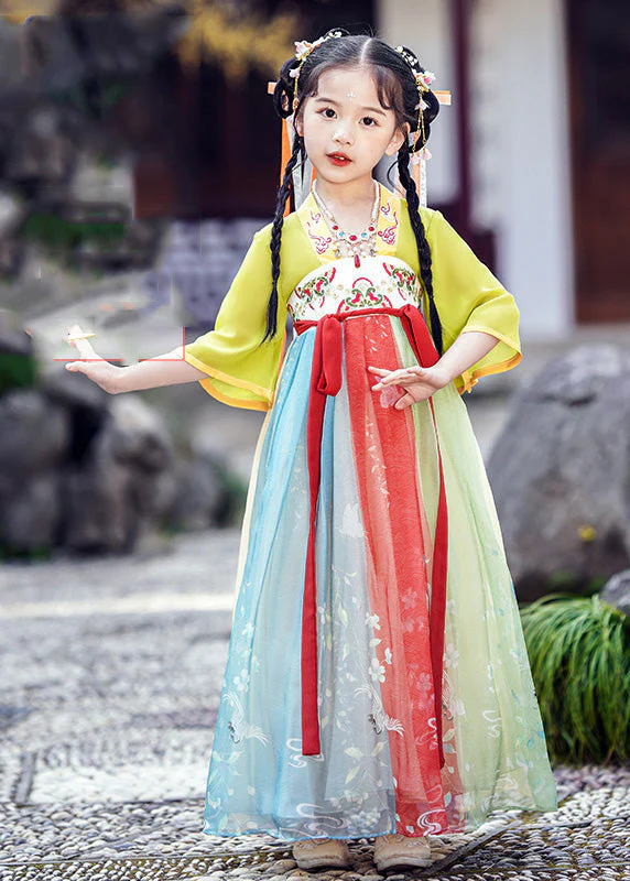 DIY Green Embroideried Patchwork Tie Waist Tulle Kids Long Dresses Short Sleeve - Image 4