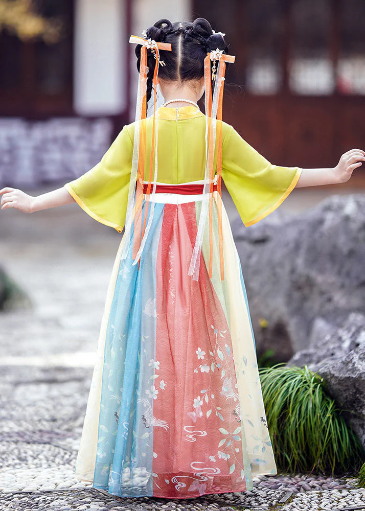 DIY Green Embroideried Patchwork Tie Waist Tulle Kids Long Dresses Short Sleeve - Image 5