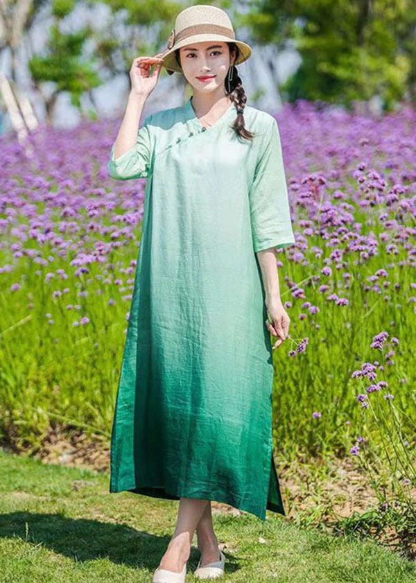 DIY Green Gradient Button Patchwork Linen Dresses Bracelet Sleeve - Image 2