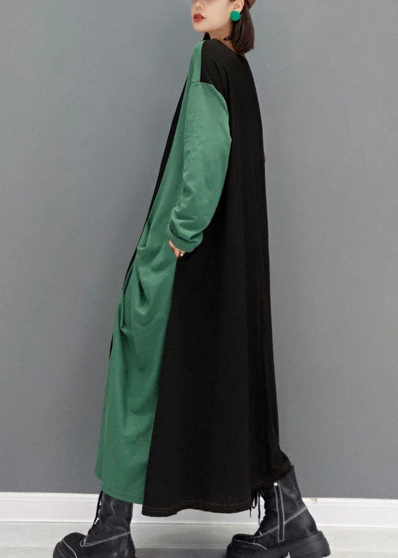 DIY Green O-Neck pockets Asymmetrical Patchwork Long Dresses Spring - Image 2