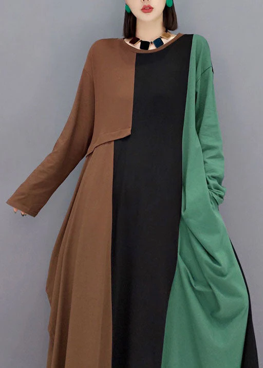 DIY Green O-Neck pockets Asymmetrical Patchwork Long Dresses Spring - Image 3