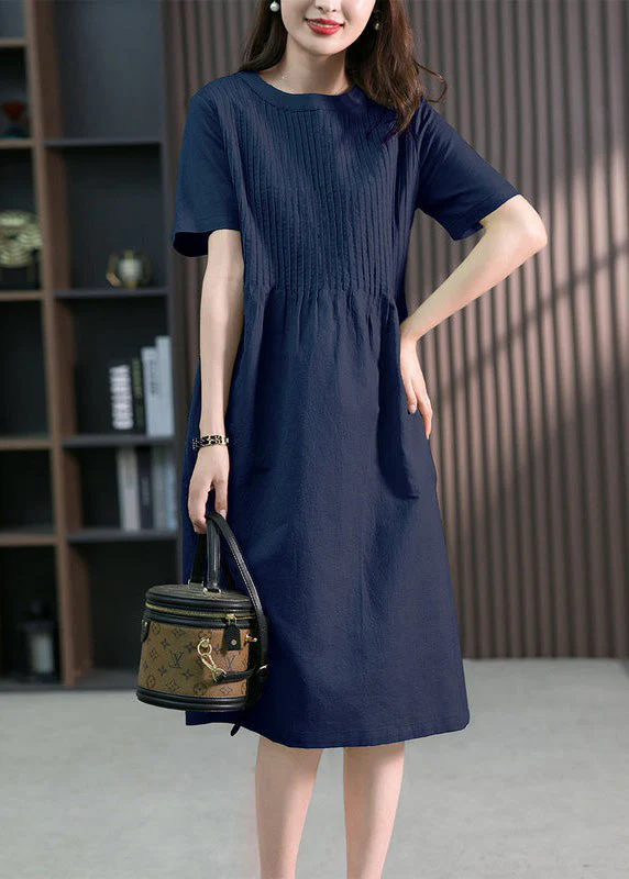 DIY Green O-Neck Wrinkled Solid Linen Maxi Dress Short Sleeve - Image 2