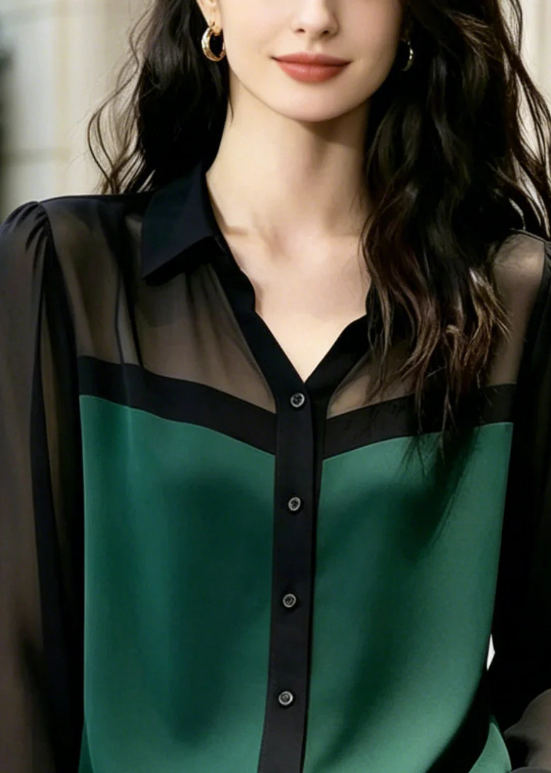 DIY Green Oversized Patchwork Draping Chiffon Shirt Summer - Image 2