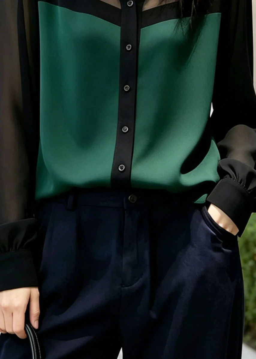 DIY Green Oversized Patchwork Draping Chiffon Shirt Summer - Image 4