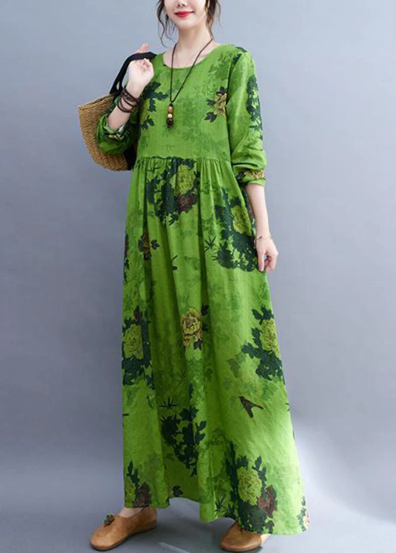 DIY Green Oversized Print Cotton Ankle Dress Spring - Image 5