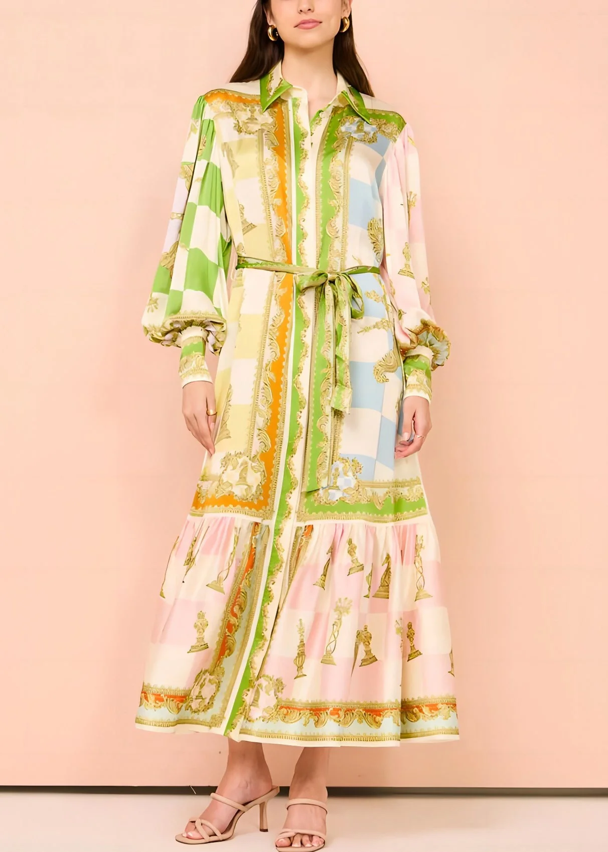 DIY Green Peter Pan Collar Button Tie Waist Maxi Dress Lantern Sleeve