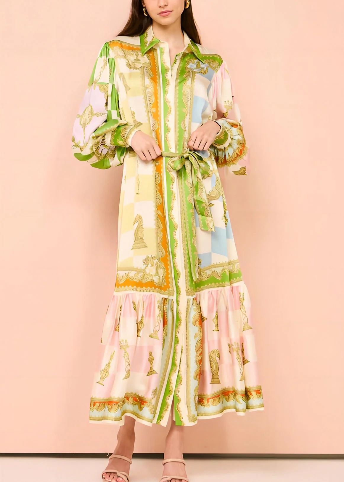 DIY Green Peter Pan Collar Button Tie Waist Maxi Dress Lantern Sleeve - Image 2