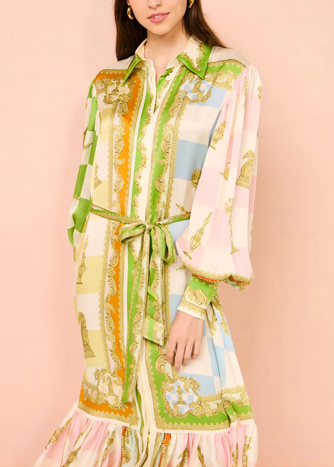 DIY Green Peter Pan Collar Button Tie Waist Maxi Dress Lantern Sleeve - Image 5