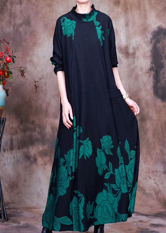DIY Green Print Holiday slim fit Dress Spring - Image 3