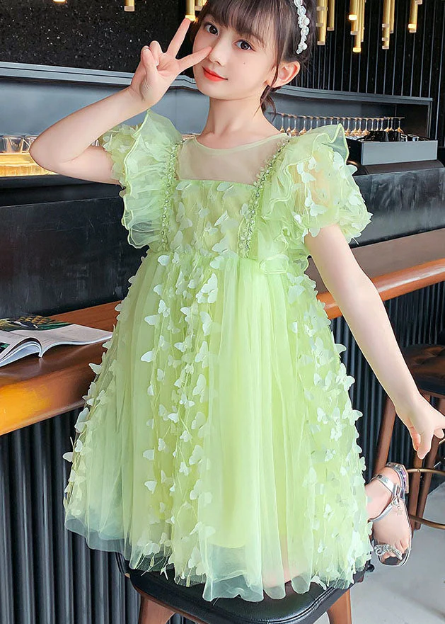 DIY Green Ruffled Butterfly Patchwork Tulle Kids Girls Mid Dress Summer - Image 2