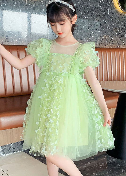 DIY Green Ruffled Butterfly Patchwork Tulle Kids Girls Mid Dress Summer - Image 3