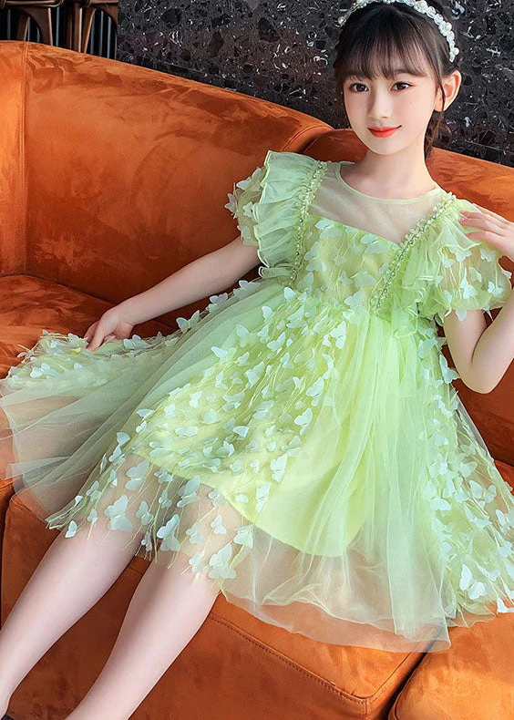 DIY Green Ruffled Butterfly Patchwork Tulle Kids Girls Mid Dress Summer - Image 4