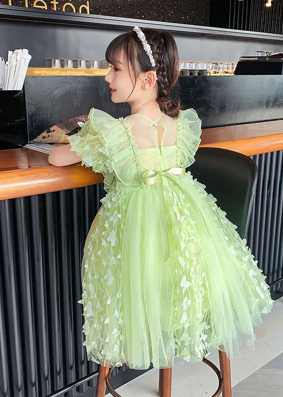 DIY Green Ruffled Butterfly Patchwork Tulle Kids Girls Mid Dress Summer - Image 5