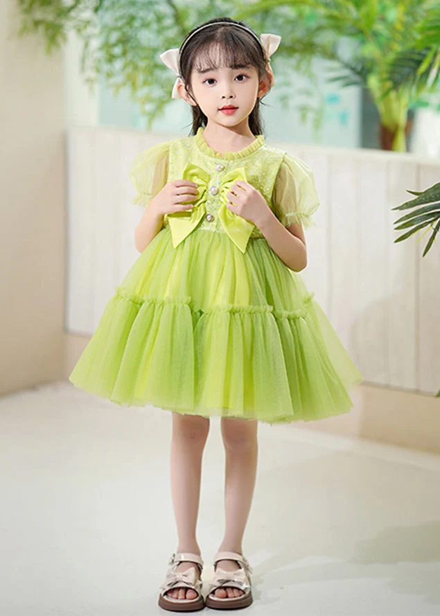 DIY Green Ruffled Patchwork Tulle Kids Girls Dress Summer - Image 2