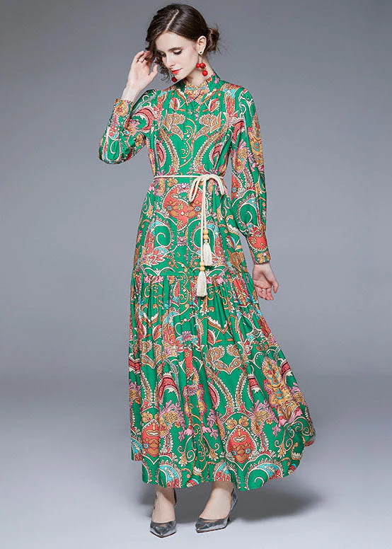 DIY Green Stand Collar Print Wrinkled Sashes Chiffon Holiday Dress Fall - Image 3
