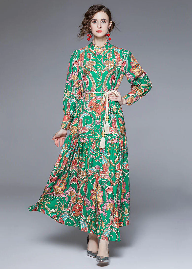 DIY Green Stand Collar Print Wrinkled Sashes Chiffon Holiday Dress Fall - Image 4