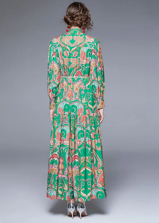 DIY Green Stand Collar Print Wrinkled Sashes Chiffon Holiday Dress Fall - Image 5