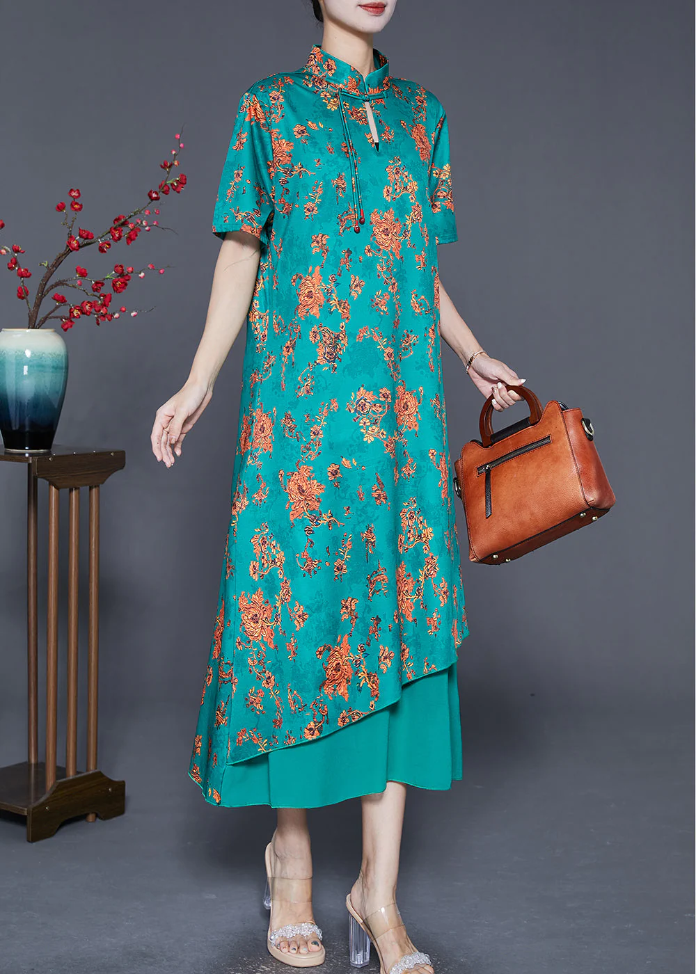 DIY Green Tasseled Print Silk Long Dress Summer - Image 3