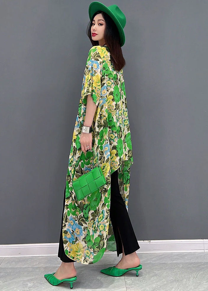 DIY Green V Neck Patchwork Print Wrinkled Long Dress Short Sleeve - Image 4