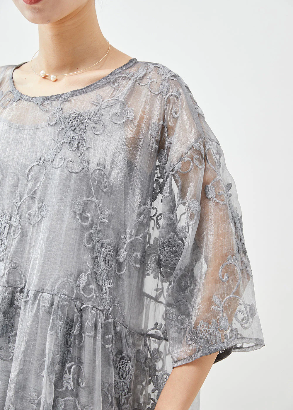 DIY Grey Embroideried Tulle Party Dress Two Piece Set Summer - Image 3