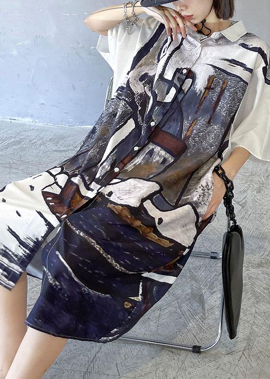 DIY Grey Graphic Peter Pan Collar Button Long Dress Summer - Image 2