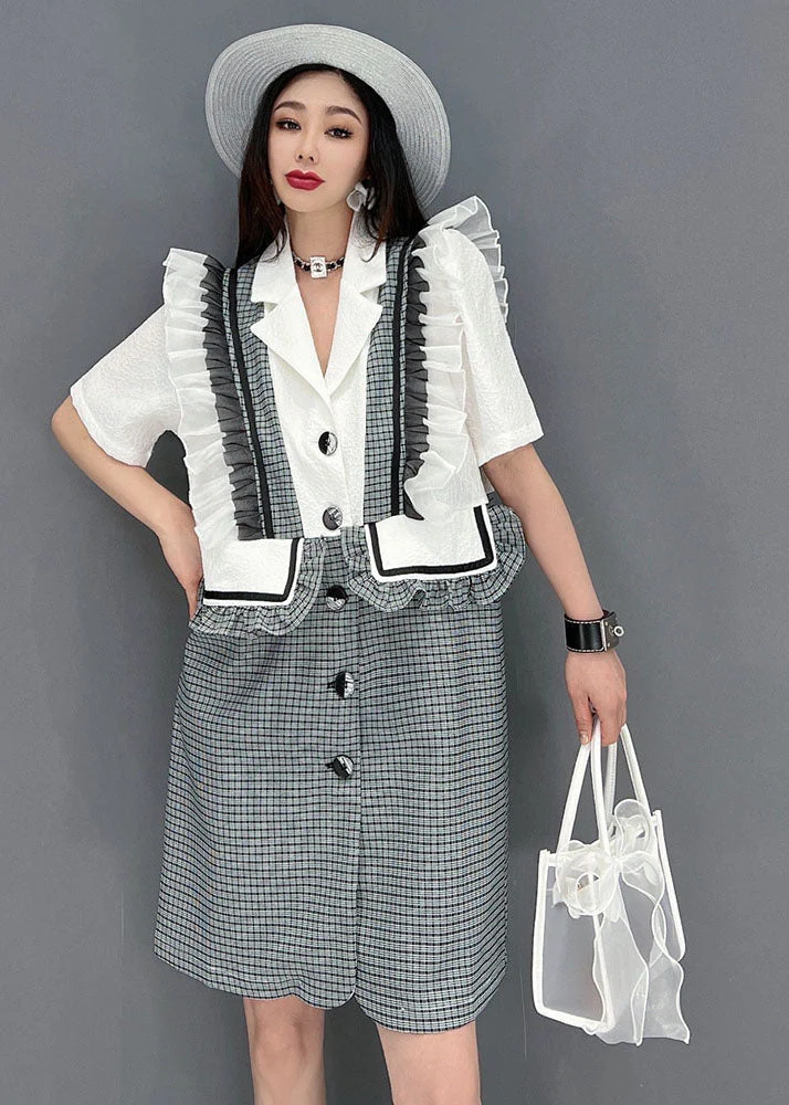 diy Grey Notched Collar Ruffled Patchwork Plaid Maxi Dresses Short Sleeve - Image 3