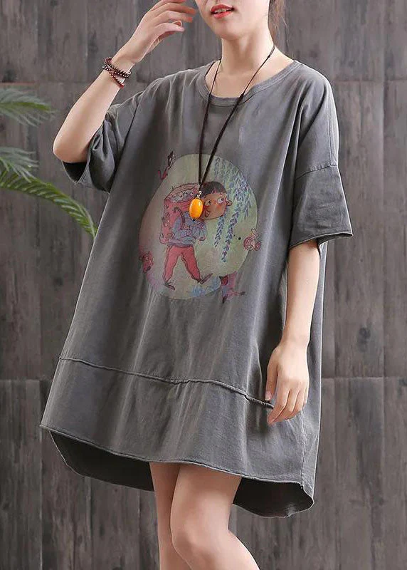 diy Grey O-Neck Print Asymmetrical Design Fall Dress Half Sleeve - Image 3