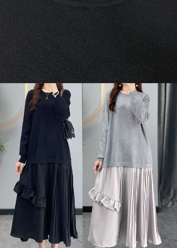 diy Grey Ruffled Patchwork Knit Dresses Winter - Image 5