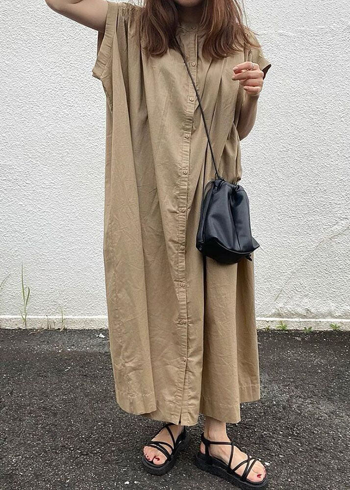 diy Khaki Button Cotton shirts Dresses Short Sleeve - Image 3