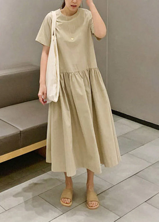 DIY Khaki O-Neck Wrinkled Patchwork Solid Cotton Long Dresses Short Sleeve - Image 2