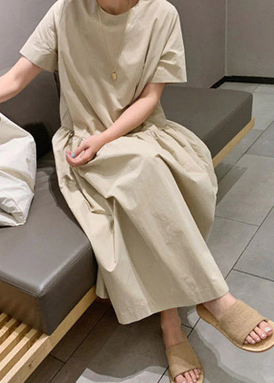 DIY Khaki O-Neck Wrinkled Patchwork Solid Cotton Long Dresses Short Sleeve - Image 3