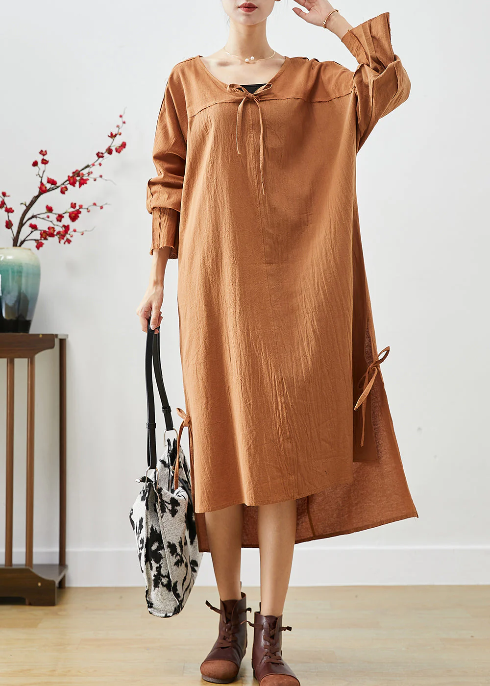 DIY Khaki Oversized Lace Up Linen Long Dress Fall - Image 3