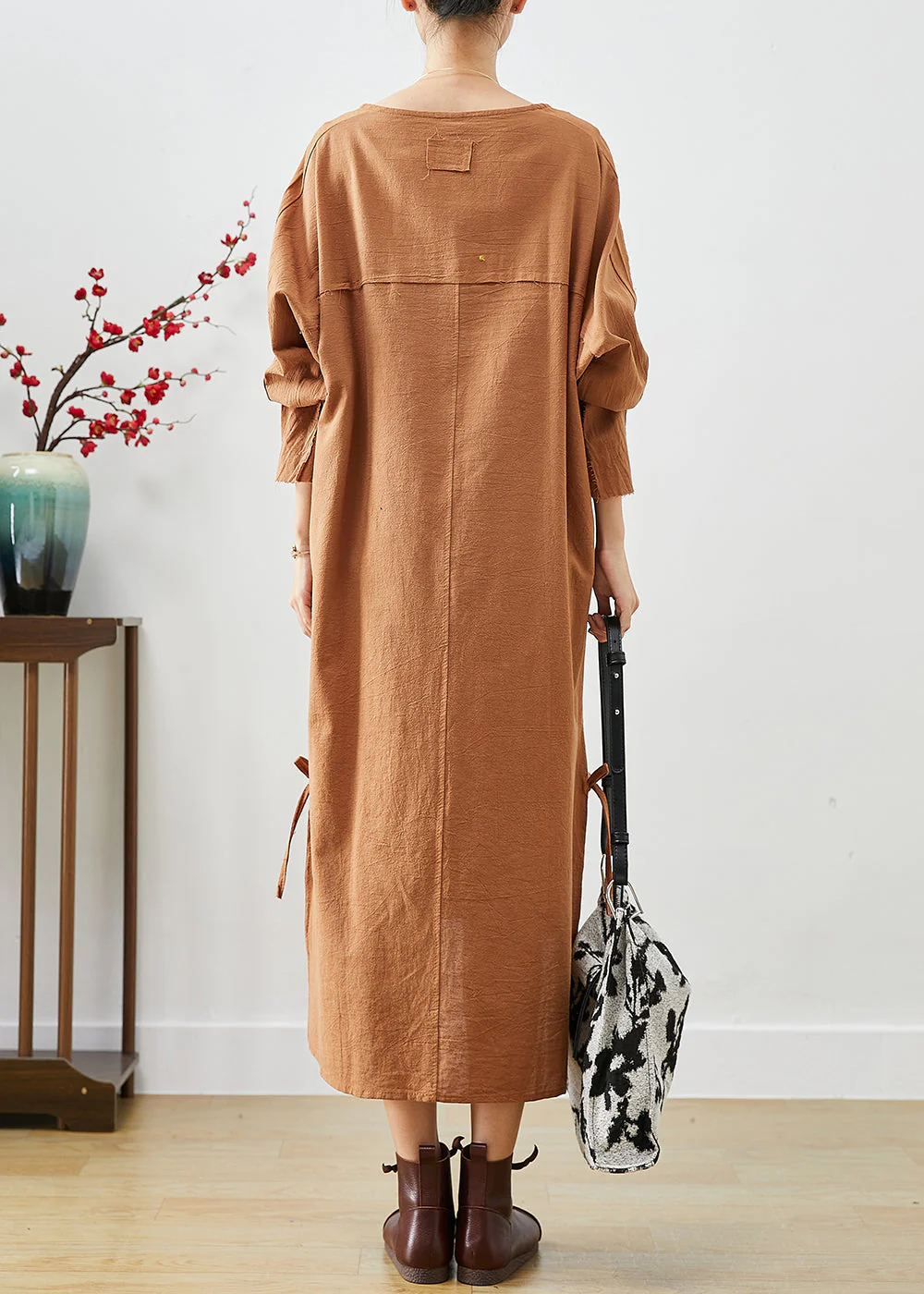 DIY Khaki Oversized Lace Up Linen Long Dress Fall - Image 4